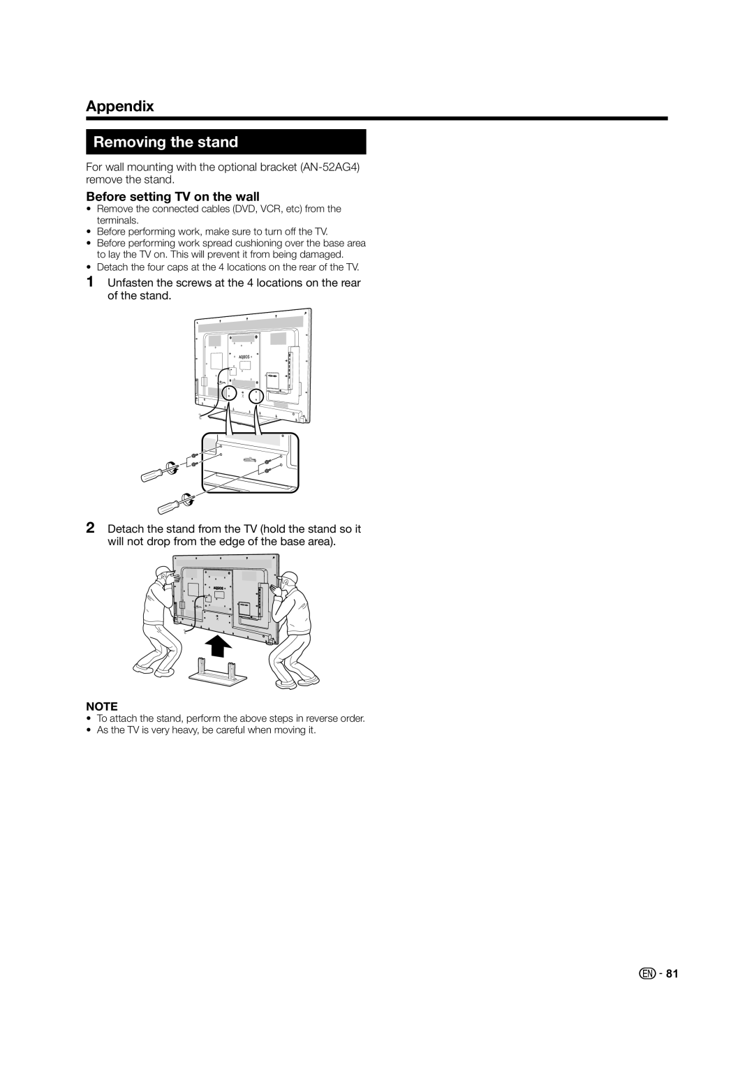 Sharp LC-60LE640X operation manual Removing the stand, Before setting TV on the wall 