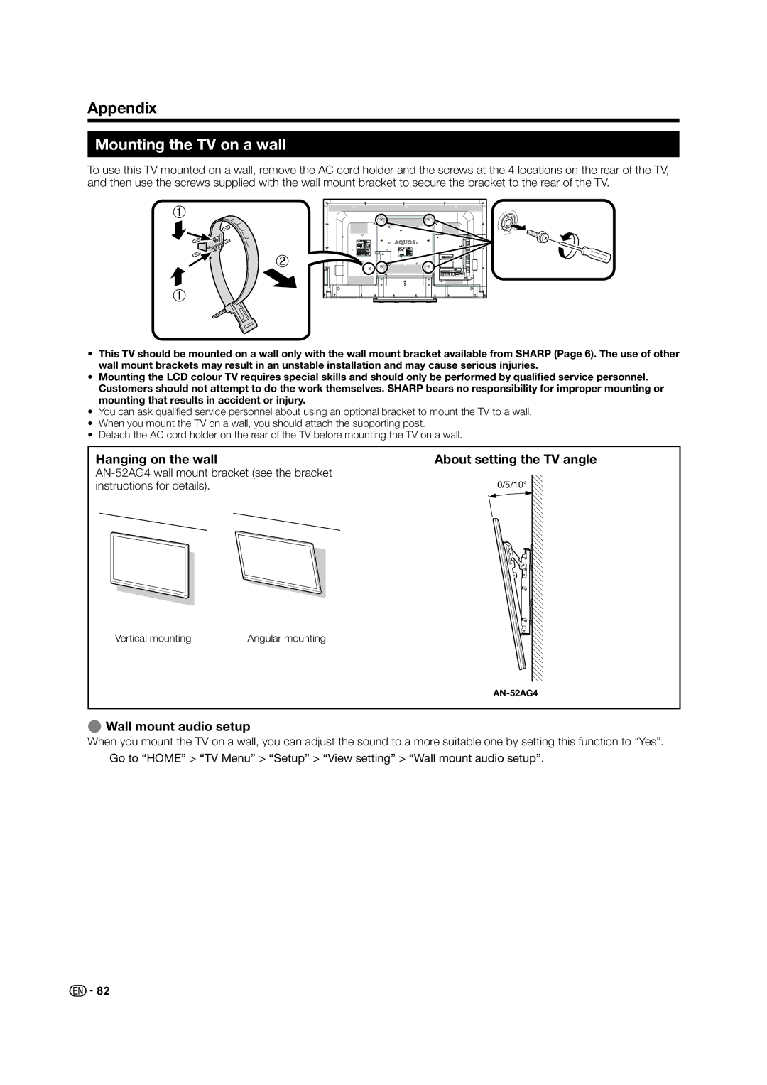 Sharp LC-60LE640X Mounting the TV on a wall, Hanging on the wall About setting the TV angle, EWall mount audio setup 