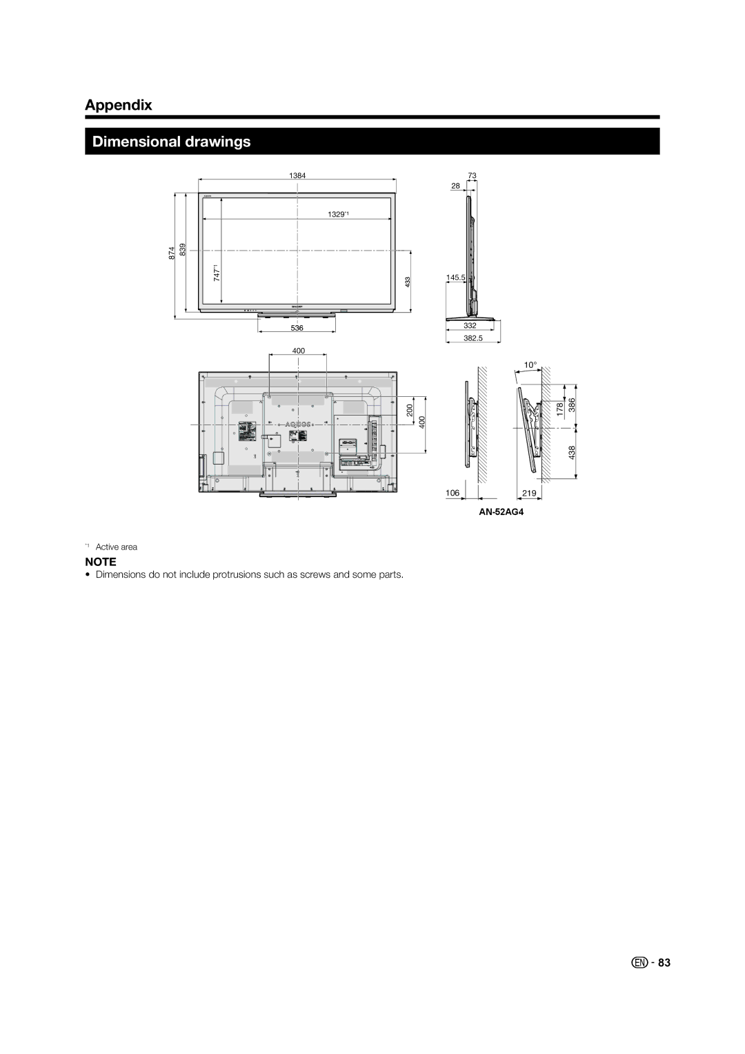 Sharp LC-60LE640X operation manual Dimensional drawings 