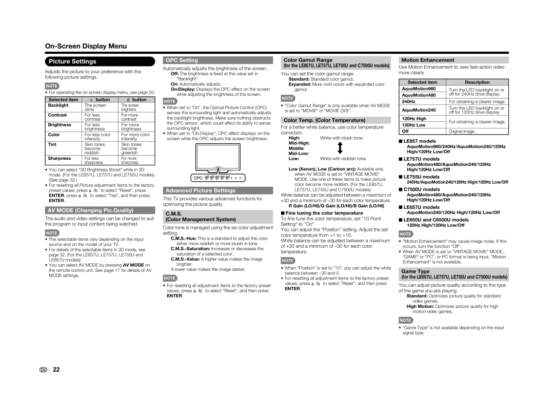 Sharp LC-60LE650U operation manual AV Mode Changing Pic.Quality, OPC Setting, Advanced Picture Settings 