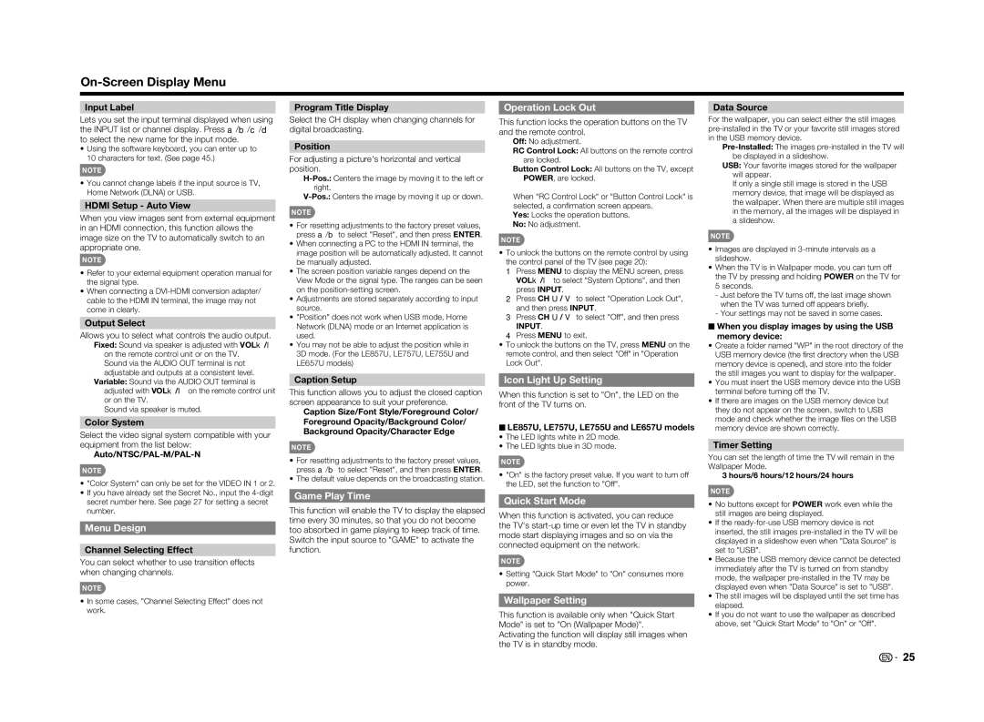 Sharp LC-60LE650U operation manual Menu Design, Game Play Time, Operation Lock Out, Icon Light Up Setting, Quick Start Mode 