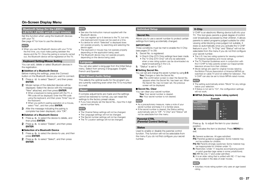 Sharp LC-60LE650U operation manual Language, Wall Mount Audio Setup, Reset, Individual Setup 