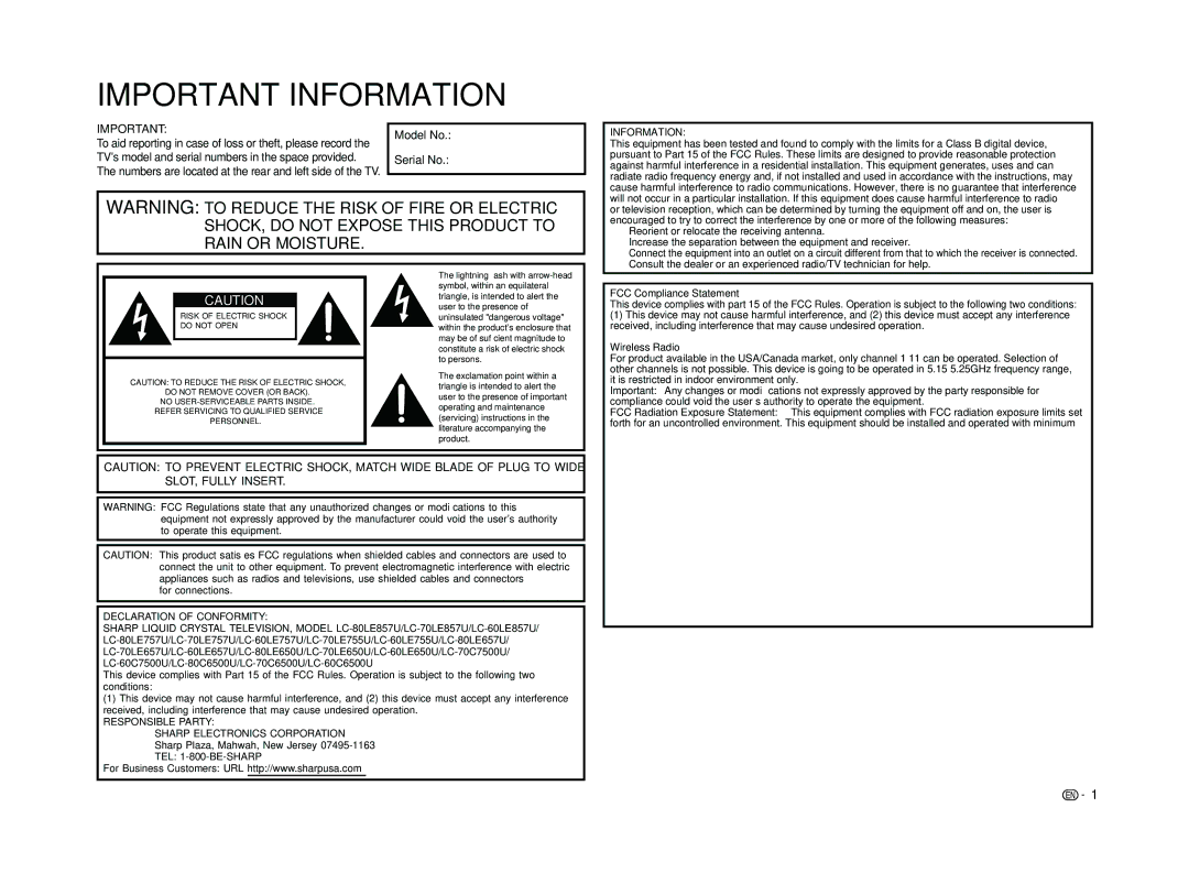 Sharp LC-60LE650U operation manual Information, FCC Compliance Statement, Wireless Radio, Industry Canada Statement 