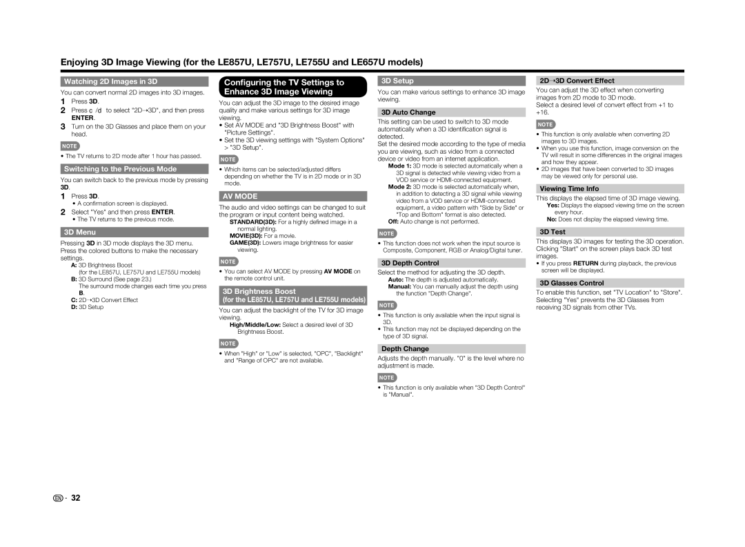 Sharp LC-60LE650U operation manual Conﬁguring the TV Settings to Enhance 3D Image Viewing 