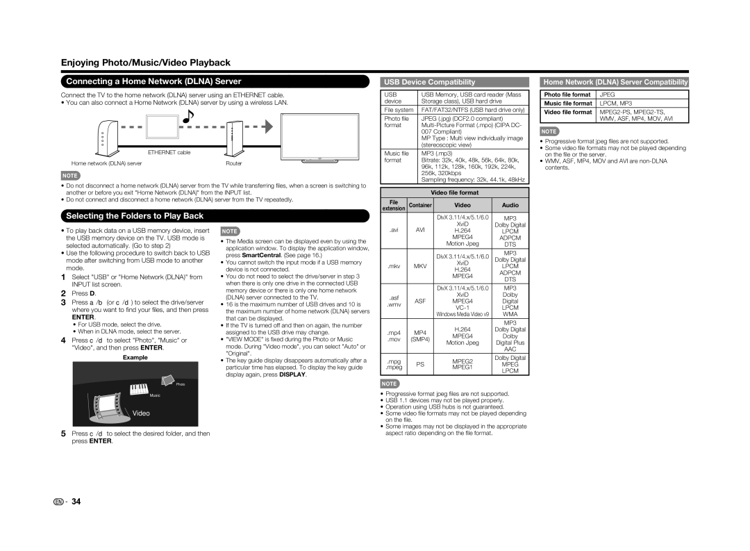 Sharp LC-60LE650U Enjoying Photo/Music/Video Playback, Connecting a Home Network Dlna Server, USB Device Compatibility 