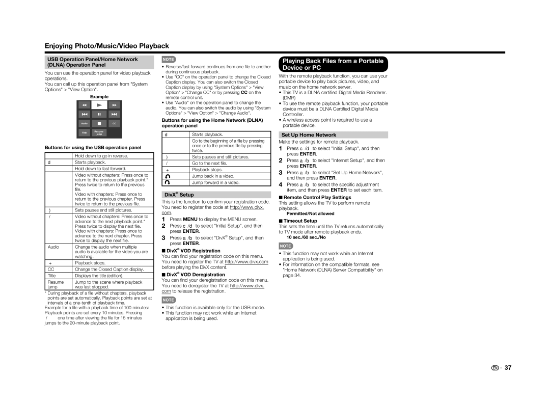 Sharp LC-60LE650U Playing Back Files from a Portable Device or PC, USB Operation Panel/Home Network Dlna Operation Panel 