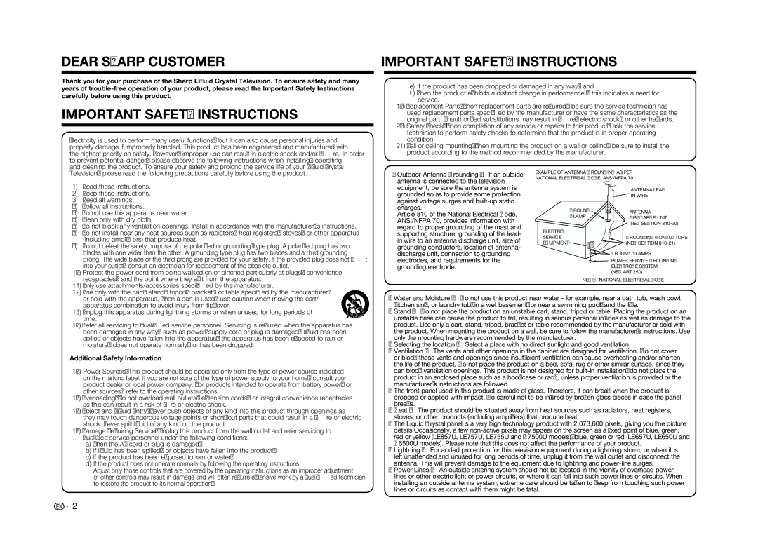 Sharp LC-60LE650U operation manual Dear Sharp Customer, Additional Safety Information 