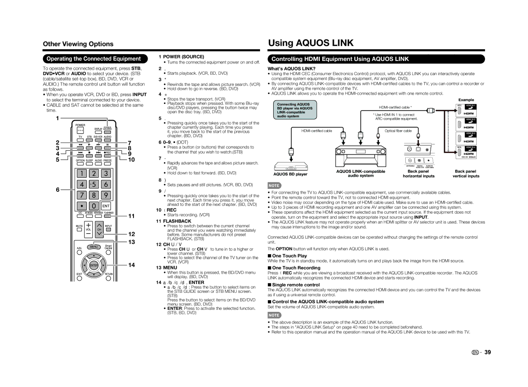 Sharp LC-60LE650U operation manual Using Aquos Link, Other Viewing Options, Operating the Connected Equipment 