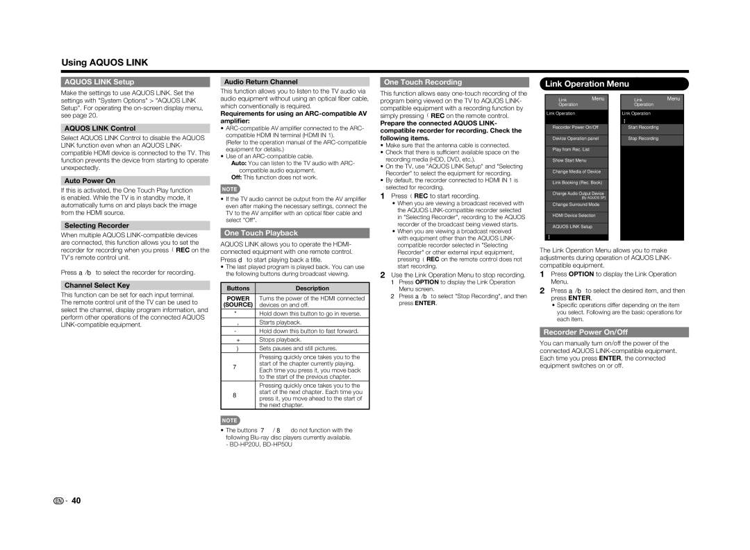 Sharp LC-60LE650U operation manual Using Aquos Link, Link Operation Menu 