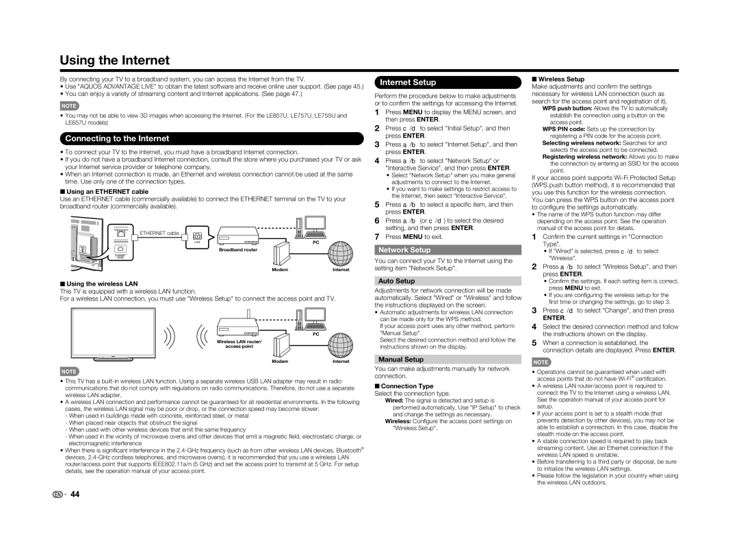 Sharp LC-60LE650U operation manual Internet Setup, Network Setup, Auto Setup, Manual Setup 