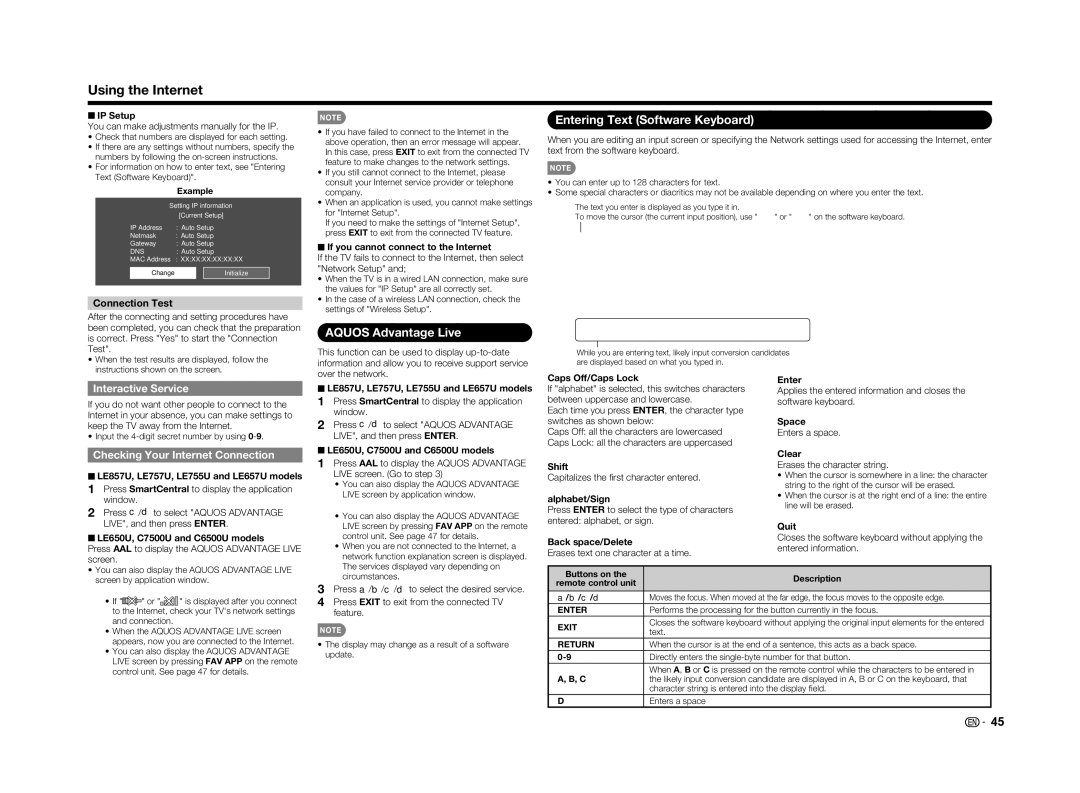 Sharp LC-60LE650U Using the Internet, Aquos Advantage Live, Entering Text Software Keyboard, Interactive Service 