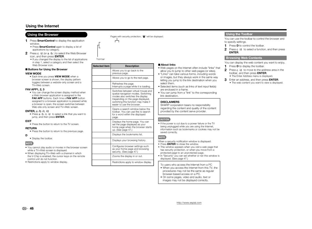 Sharp LC-60LE650U operation manual Using the Browser, Using the Toolbar, Browsing Web Contents 