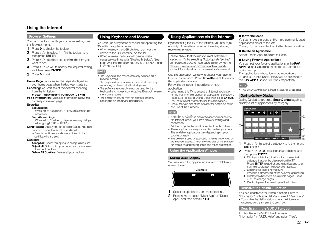 Sharp LC-60LE650U operation manual Using Keyboard and Mouse, Using Applications via the Internet 