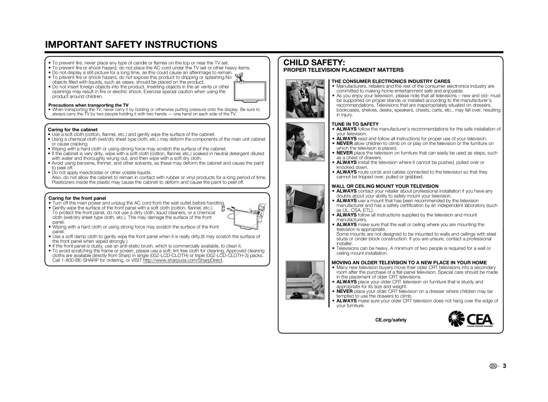 Sharp LC-60LE650U Consumer Electronics Industry Cares, Tune in to Safety, Wall or Ceiling Mount Your Television 