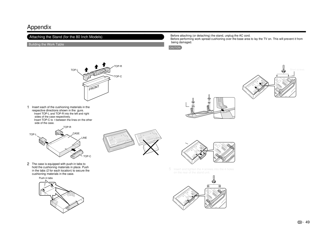 Sharp LC-60LE650U operation manual Attaching the Stand for the 80 Inch Models, Building the Work Table 