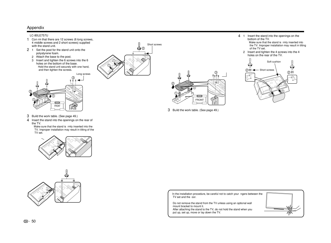 Sharp LC-60LE650U operation manual Short screws Soft cushion 