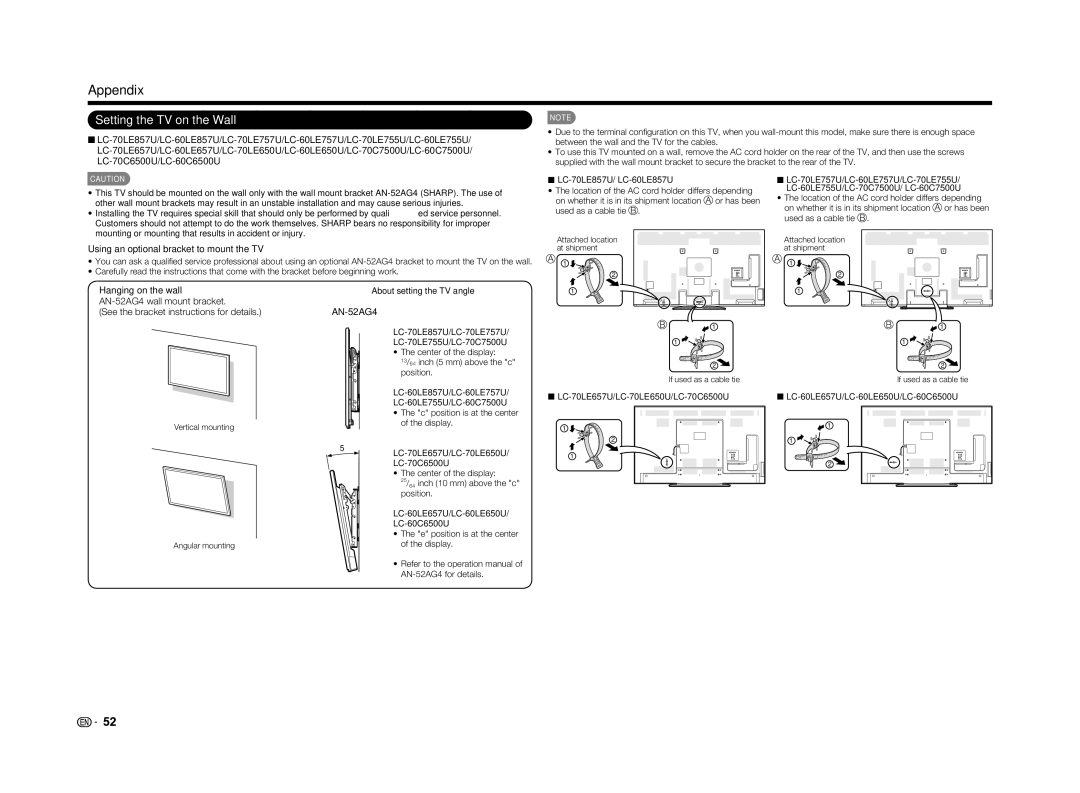 Sharp LC-60LE650U operation manual Appendix, Setting the TV on the Wall 