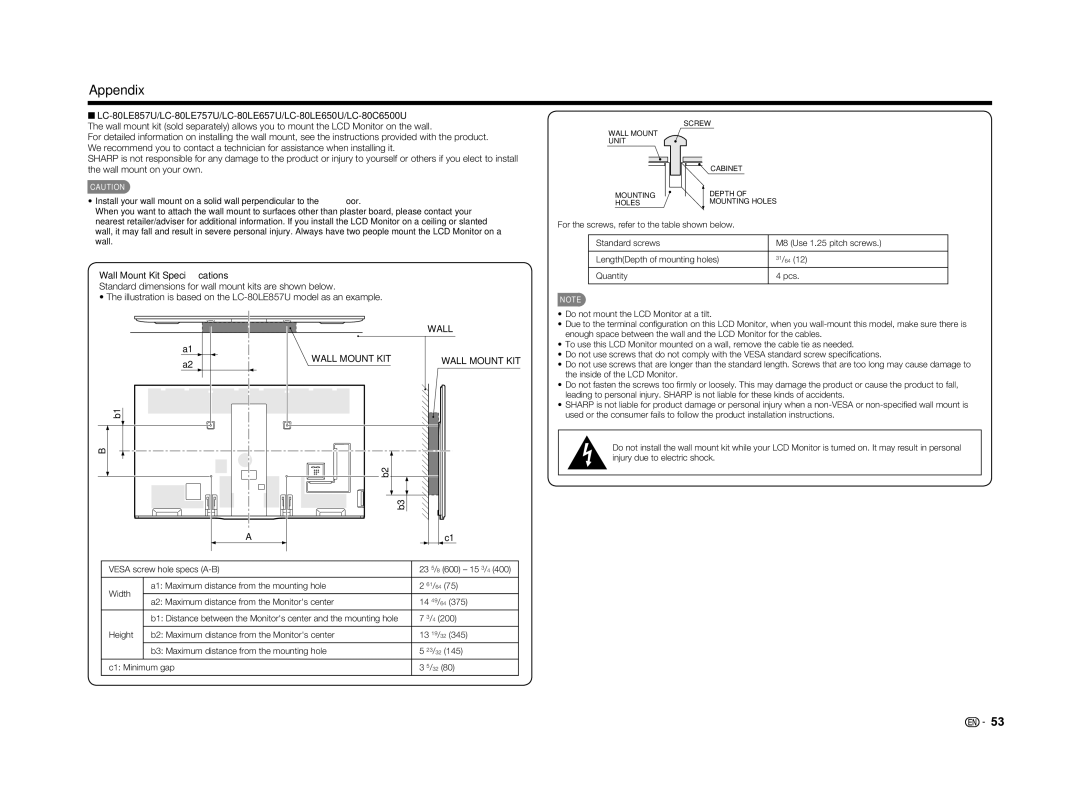 Sharp LC-60LE650U operation manual Wall Mount Kit Speciﬁcations, Wall Mount KIT 