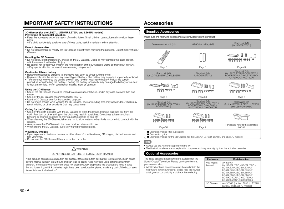 Sharp LC-60LE650U operation manual Supplied Accessories, Optional Accessories 