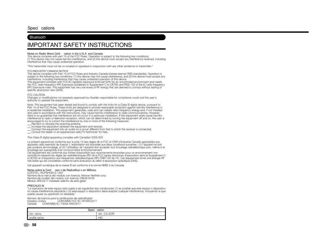 Sharp LC-60LE650U operation manual Bluetooth, Notas sobre la Certiﬁcación de Radiodifusión en México, Precaución 