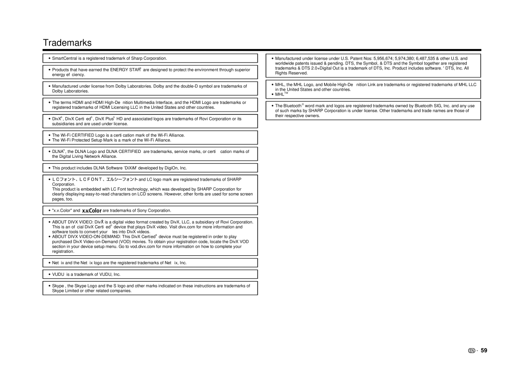 Sharp LC-60LE650U operation manual Trademarks, Mhltm 