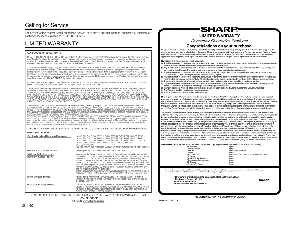 Sharp LC-60LE650U operation manual Calling for Service, Be-Sharp 