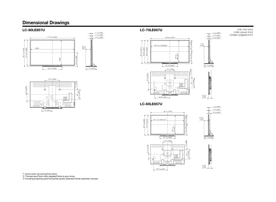 Sharp LC-60LE650U operation manual Dimensional Drawings, LC-80LE857U, LC-70LE857U, LC-60LE857U 