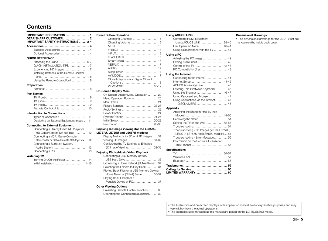 Sharp LC-60LE650U operation manual Contents 