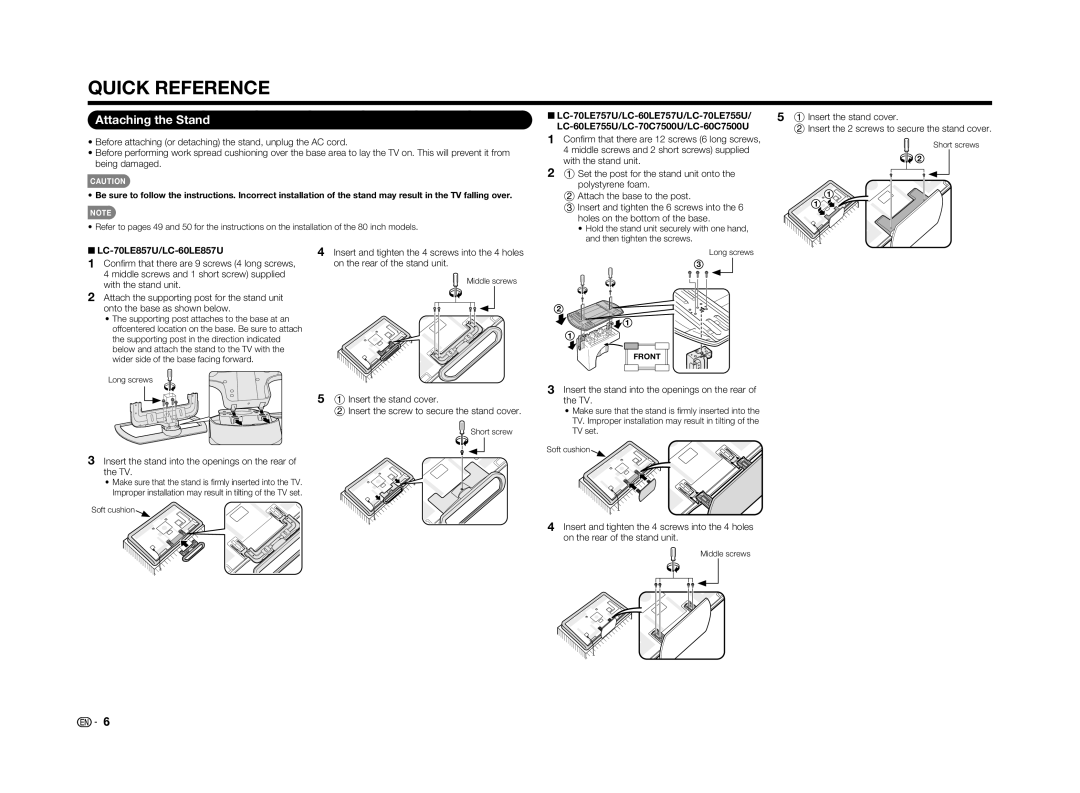 Sharp LC-60LE650U operation manual Short screws Middle screws 