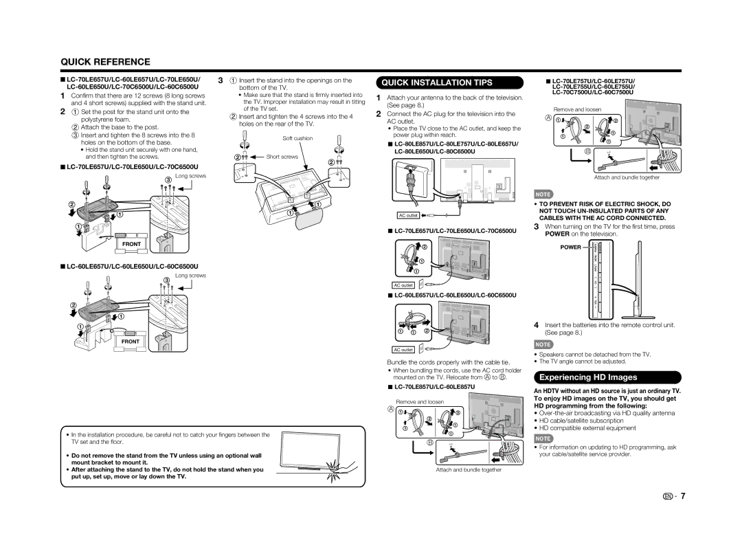 Sharp LC-60LE650U Experiencing HD Images, Not Touch UN-INSULATED Parts of ANY, Cables with the AC Cord Connected 