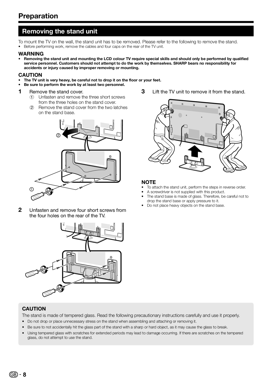 Sharp LC-60LE822ERU operation manual Preparation, Removing the stand unit 