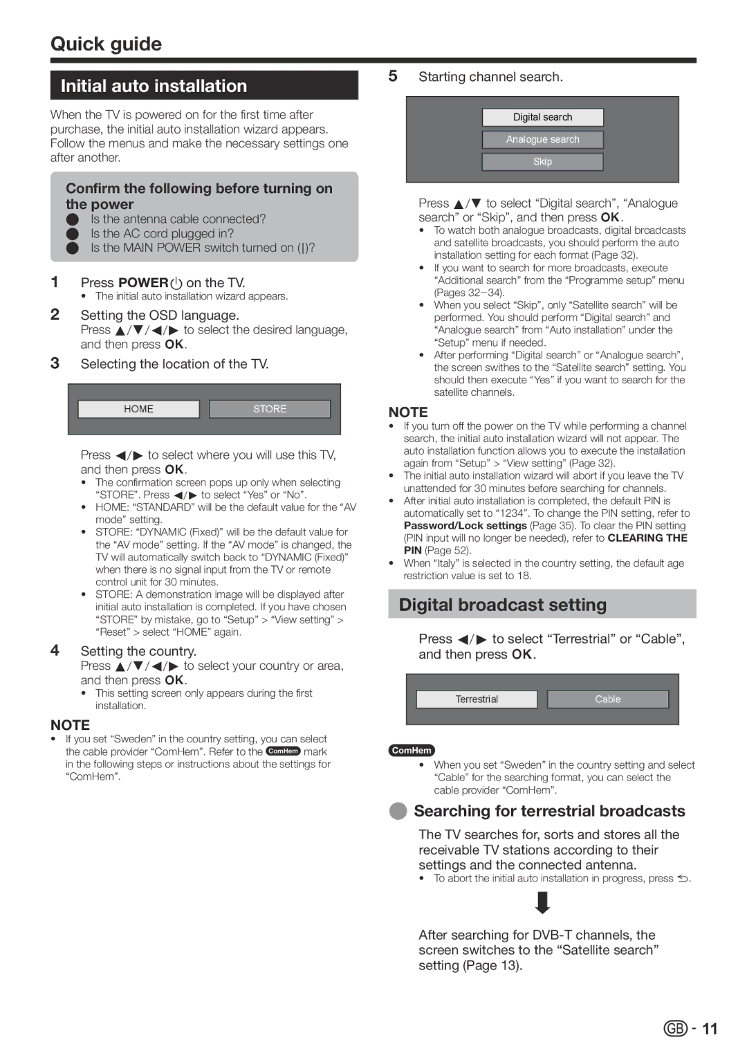 Sharp LC-60LE822E Initial auto installation, Digital broadcast setting, Searching for terrestrial broadcasts 