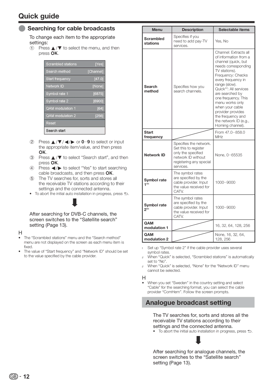 Sharp LC-60LE822ERU Analogue broadcast setting, Searching for cable broadcasts, Settings and the connected antenna 