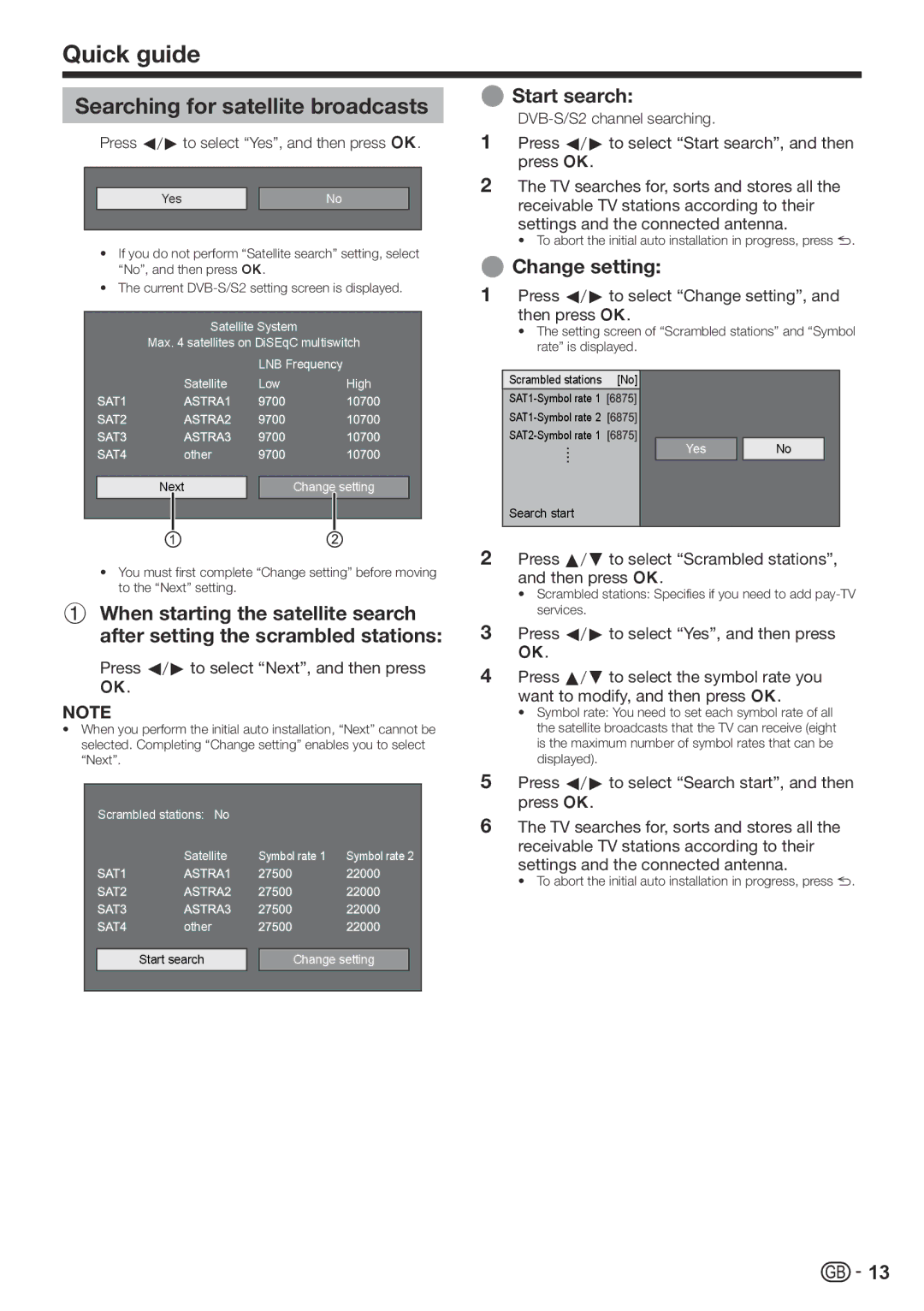 Sharp LC-60LE822ERU operation manual Searching for satellite broadcasts, Start search, Change setting 