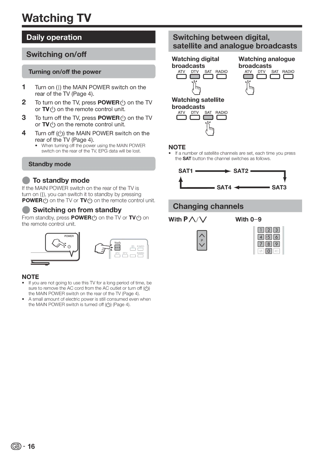 Sharp LC-60LE822ERU operation manual Watching TV, Daily operation, Switching on/off, Changing channels 