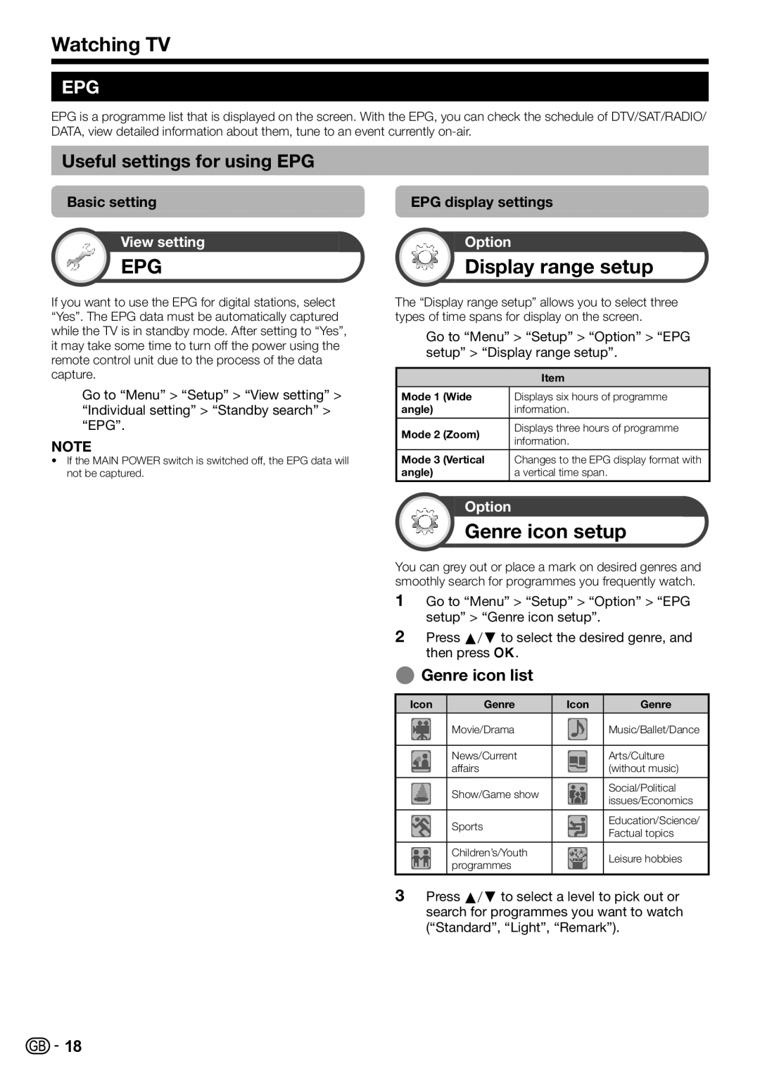 Sharp LC-60LE822ERU operation manual Display range setup, Genre icon setup, Useful settings for using EPG, Genre icon list 