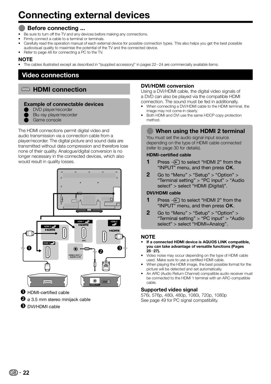 Sharp LC-60LE822ERU operation manual Connecting external devices, Video connections, Hdmi connection, Before connecting 