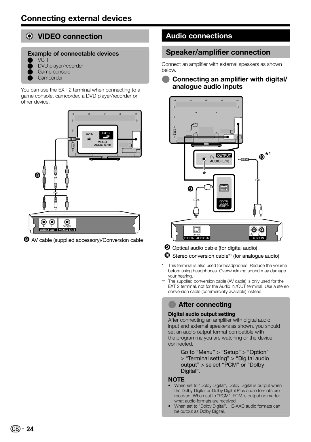 Sharp LC-60LE822ERU Video connection, Audio connections, Speaker/amplifier connection, Digital audio output setting 