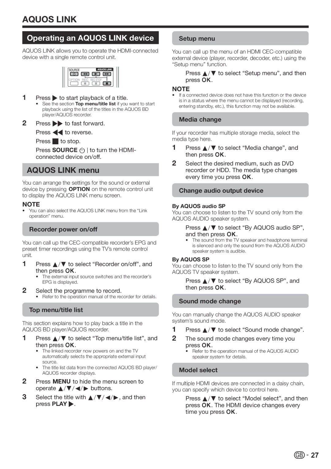 Sharp LC-60LE822ERU operation manual Operating an Aquos Link device, Aquos Link menu 