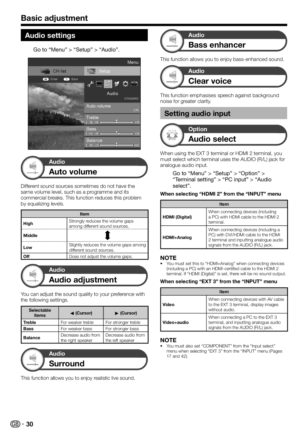 Sharp LC-60LE822ERU operation manual Auto volume, Audio adjustment, Surround, Bass enhancer, Clear voice, Audio select 