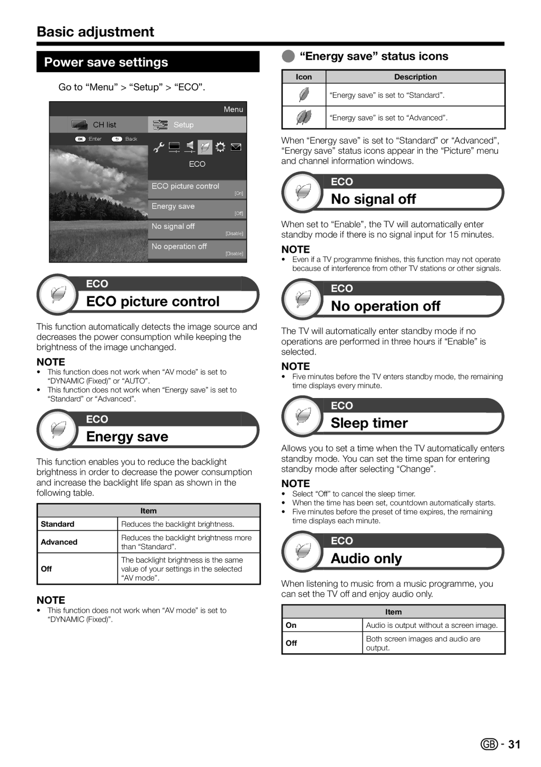 Sharp LC-60LE822E ECO picture control, Energy save, No signal off, No operation off, Sleep timer, Audio only 