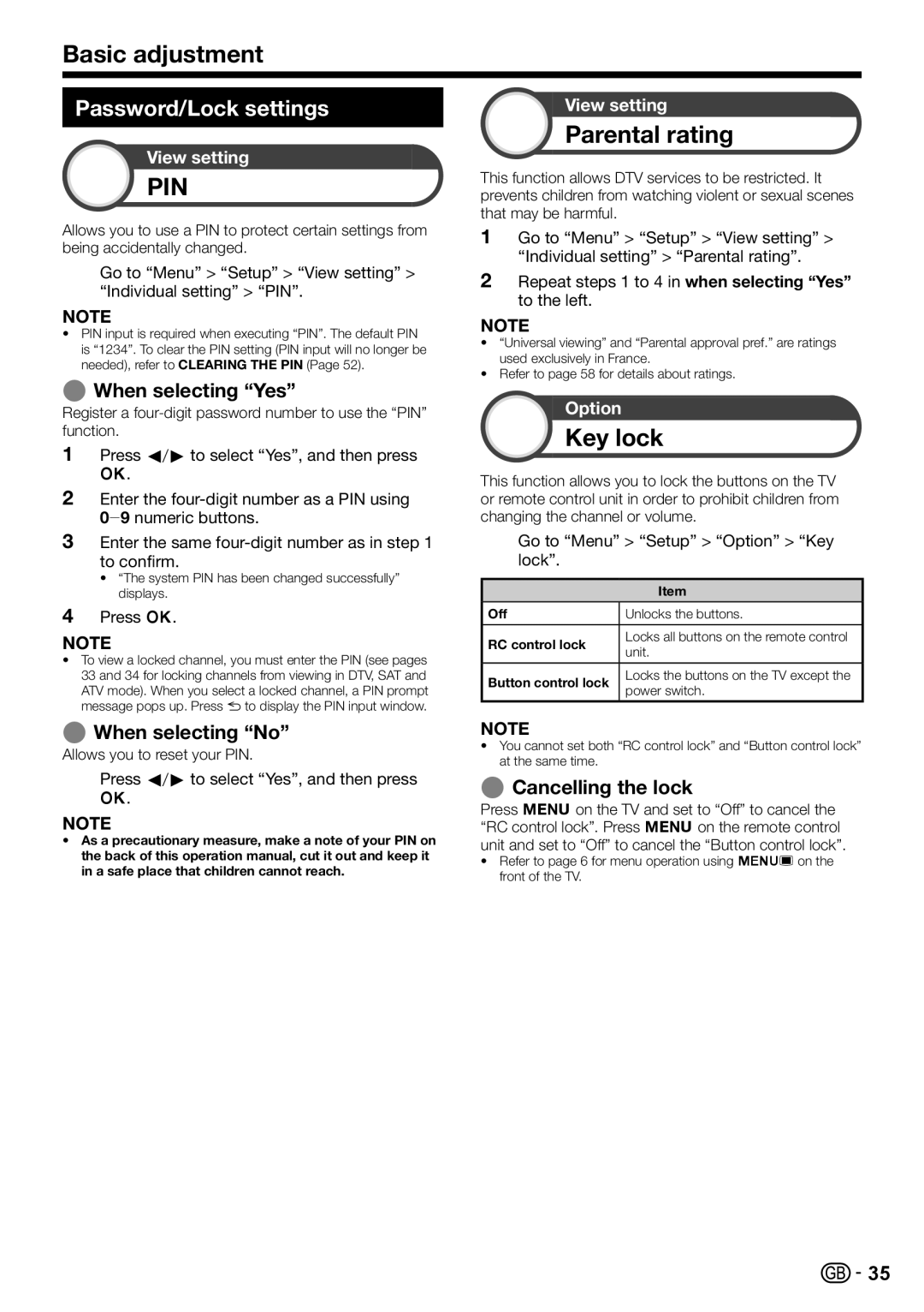 Sharp LC-60LE822ERU operation manual Parental rating, Key lock, Password/Lock settings 