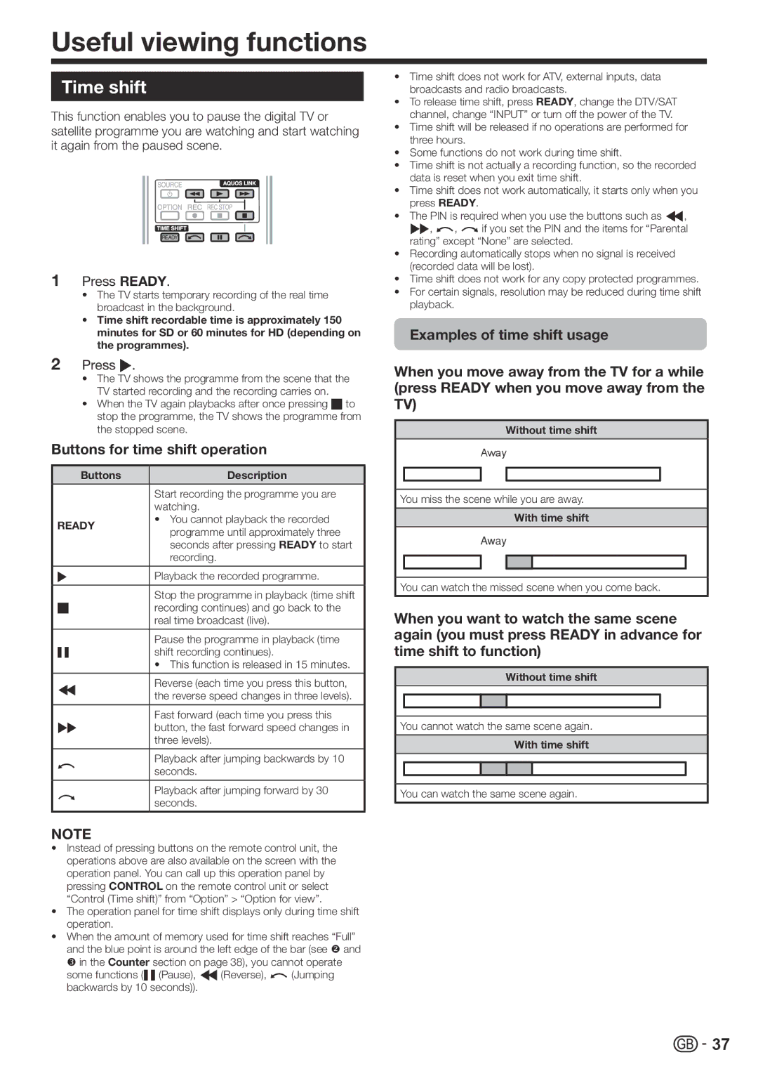 Sharp LC-60LE822ERU operation manual Useful viewing functions, Time shift, Buttons for time shift operation, Press Ready 