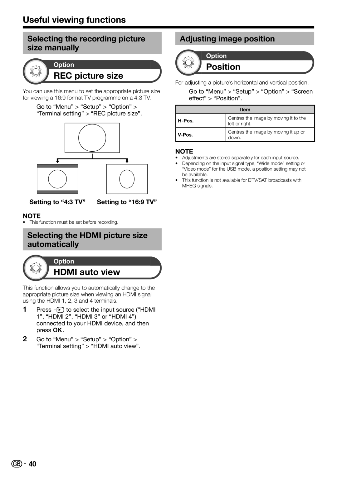 Sharp LC-60LE822ERU operation manual REC picture size, Position, Hdmi auto view 