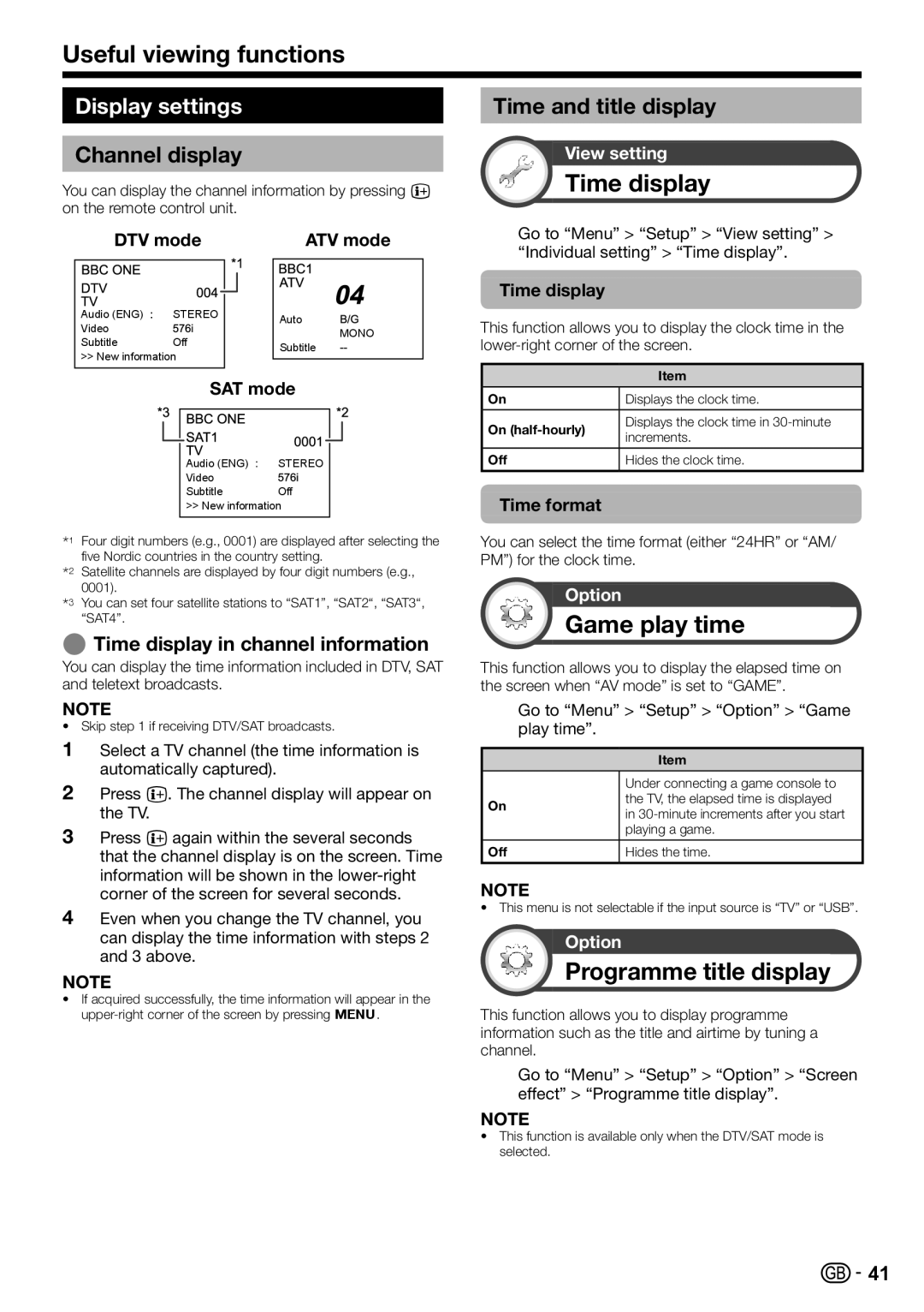 Sharp LC-60LE822ERU operation manual Time display, Game play time, Programme title display, Display settings 