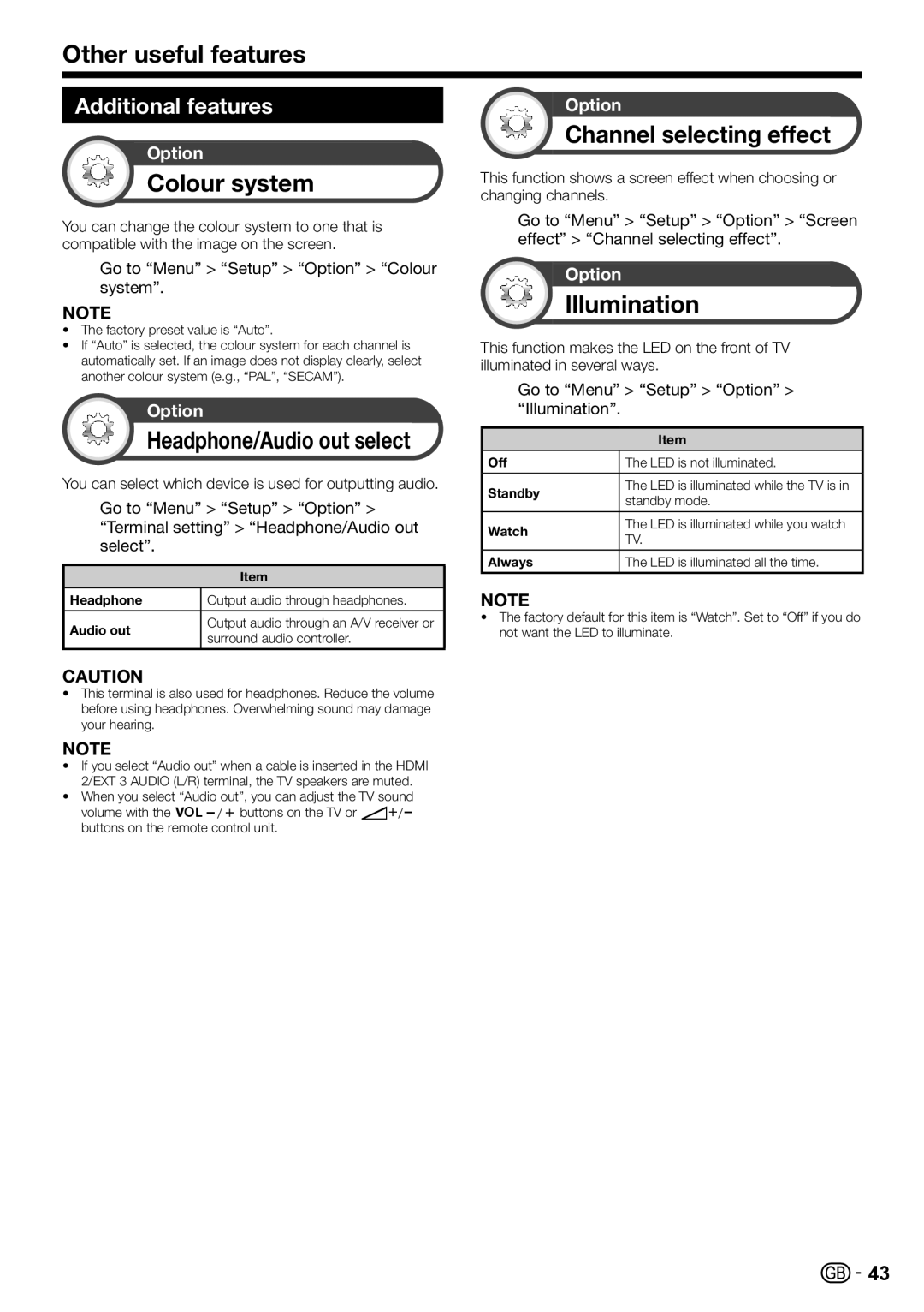 Sharp LC-60LE822E Other useful features, Colour system, Headphone/Audio out select, Channel selecting effect, Illumination 