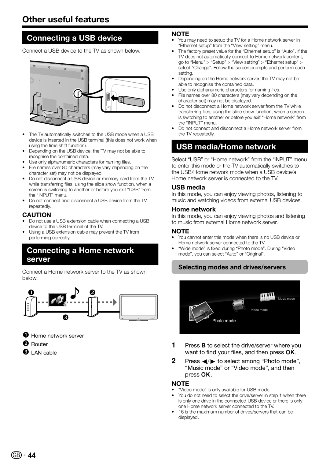 Sharp LC-60LE822ERU operation manual Connecting a USB device, Connecting a Home network server, USB media/Home network 