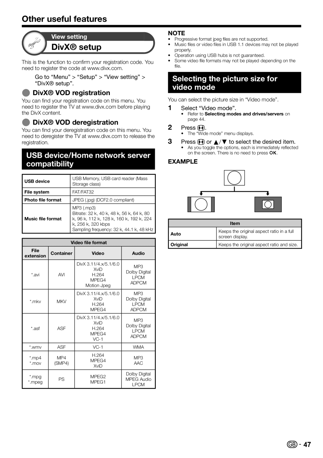 Sharp LC-60LE822E DivX setup, USB device/Home network server compatibility, Selecting the picture size for video mode 