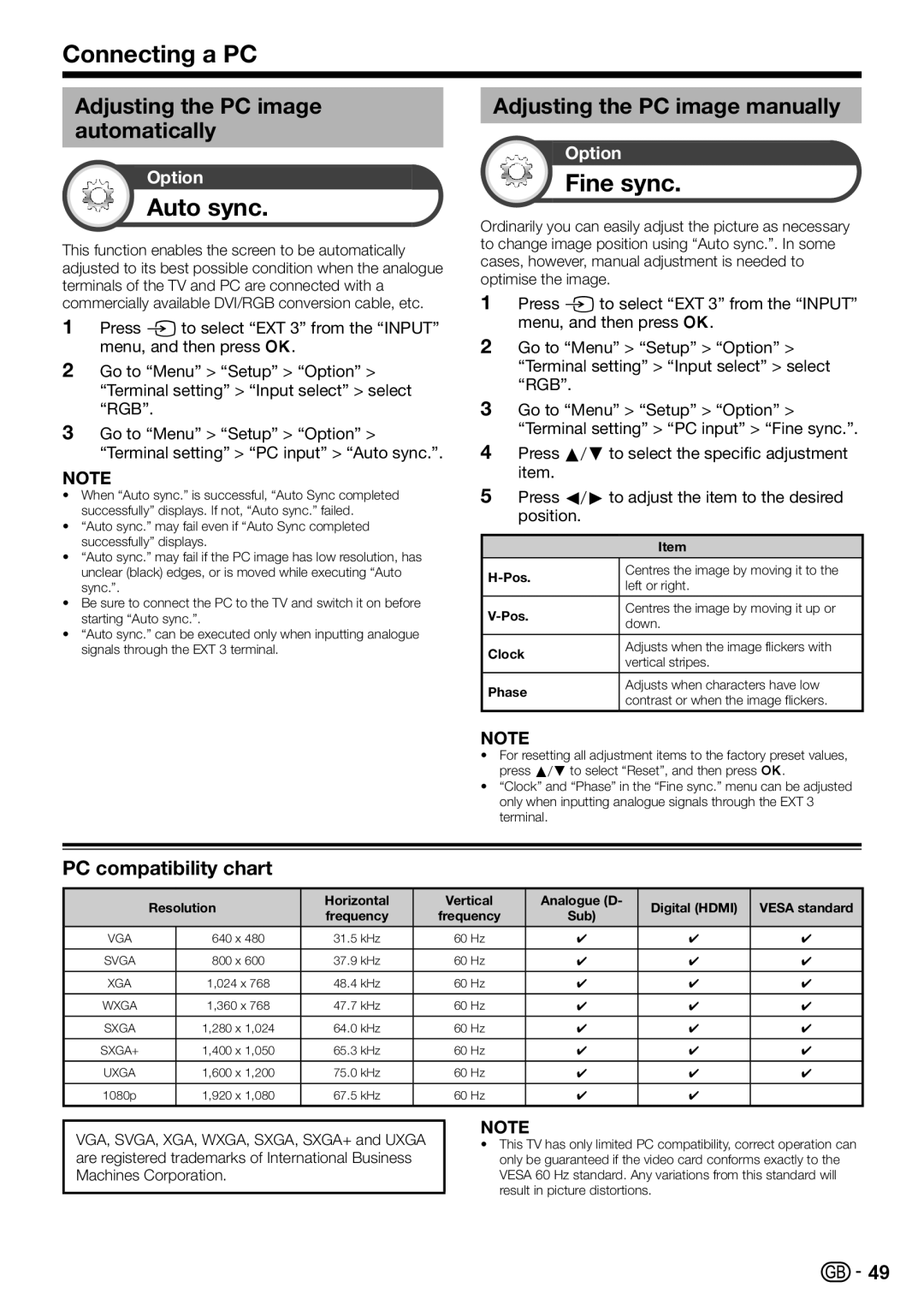 Sharp LC-60LE822ERU operation manual Connecting a PC, Auto sync, Fine sync, Adjusting the PC image automatically 