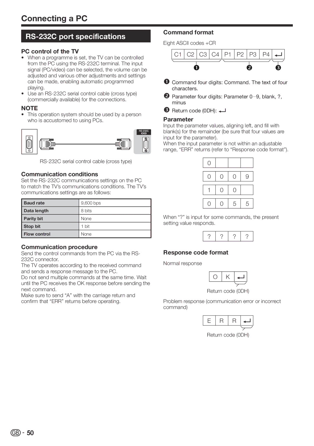 Sharp LC-60LE822ERU operation manual RS-232C port specifications 